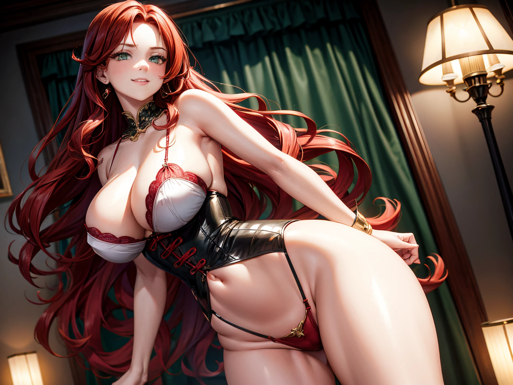 long wavy red hair, green eyes, sexy smile, curvy thin athletic shape, long legs, round ass, enormous tits, red hair, long hair, hair over shoulder, wavy hair, crystal earrings, victorian era red and black corset, blush, naughty, naughty face, Hyperrealism, cinematic lighting, cowboy shot, masterpiece, textured skin, super detail, 16k