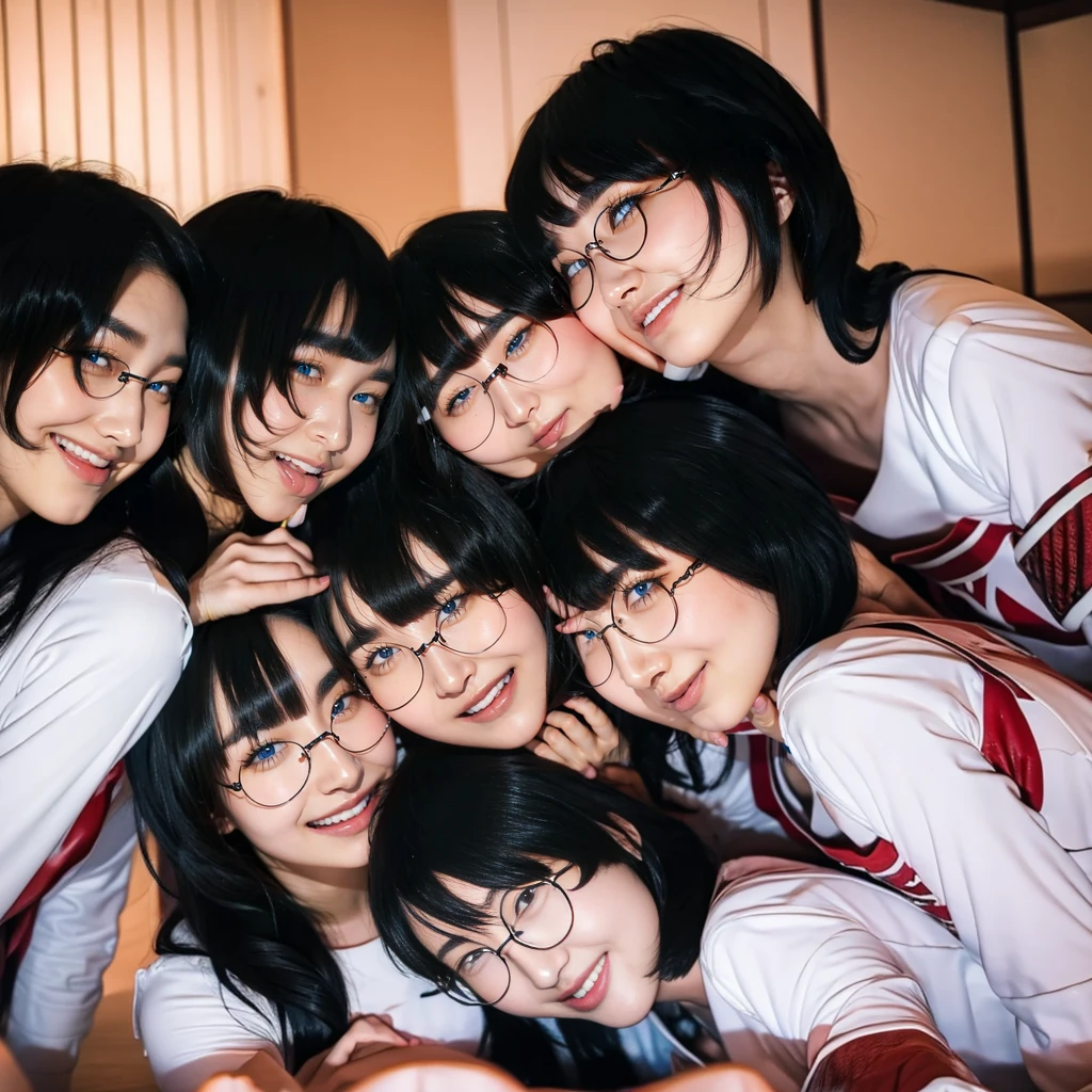 Raw photo、((3girls)),Open eyes、Three women kissing and loving each other、The same face、A dark-haired、a smile、same person、(lesbian orgy)