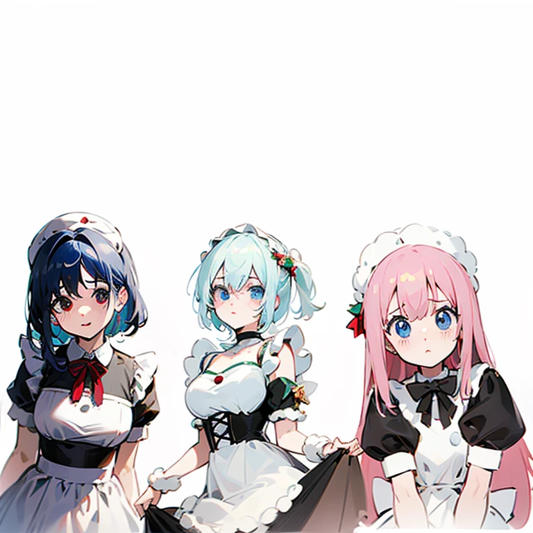 sesta, Ryo e Bocchi. Vestidos de empregada, Christmas Aesthetics, fundo vermelho com aspectos de Natal, Christmas vibe