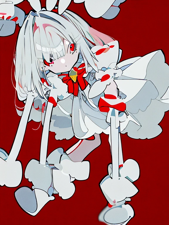 tmasterpiece,1girll,HighestQuali,Correct proportions,Details,Whaite Hair,hairlong,white colored hair,Transparent red eyes,White lace headdress,Lace headdress,white headdress,red bow,bunny ears,Rabbitears,Strawberry garnishes,Sat down,whitedress,red embellishment,lace,white legwear,Little red leather Orango shoe,rabbit tail,red background