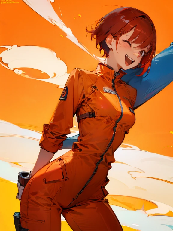 Female Android、red hair short cut、A woman wearing an orange jumpsuit、Laughing face、