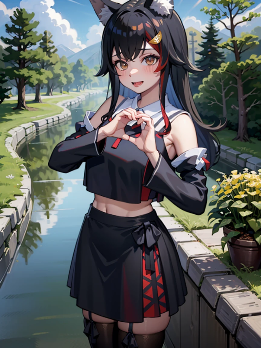 miodefault, long hair, hair ornament, sailor collar, black shirt, black skirt, detached sleeves, midriff, kouhaku nawa, (white thighhighs:1.2), wolf tail
BREAK
smile, bashful, nose blush, (heart hands, own hands together:1)
BREAK
Masterpiece, best quality, high resolution, 8K, official art, ultra-detailed, super resolution, extremely detailed and beautiful, extremely detailed, amazing and detailed, highly detailed beautiful girl, highly detailed face, highly detailed eyes, highly detailed skin, highly detailed fingers, highly detailed nose, very detailed mouth, perfect anatomy 
BREAK
Full body shot, contraposto, river, forest, bright, scenery, extremely detailed CG unity 16k, very fine 16KCG wallpapers