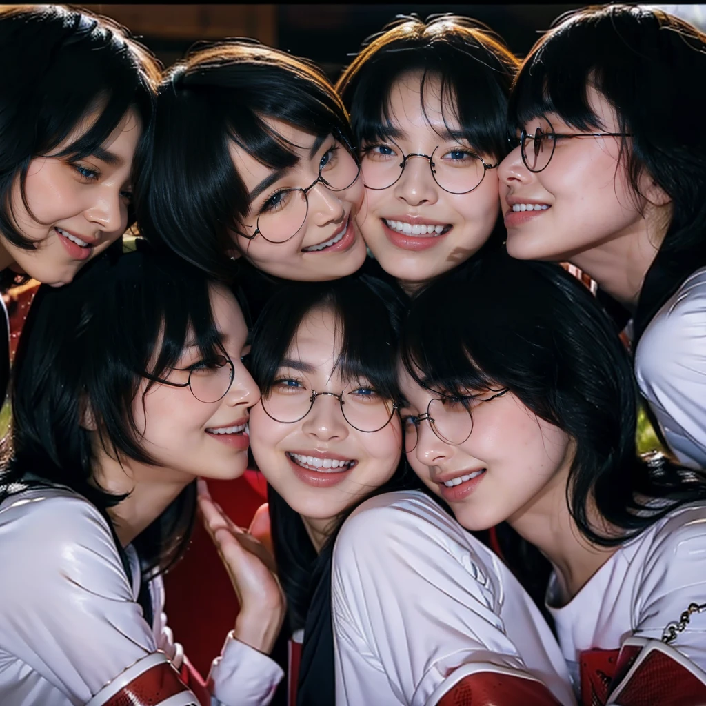 Raw photo、((3girls)),Open eyes、Three women kissing and loving each other、The same face、A dark-haired、a smile、same person、(lesbian orgy)