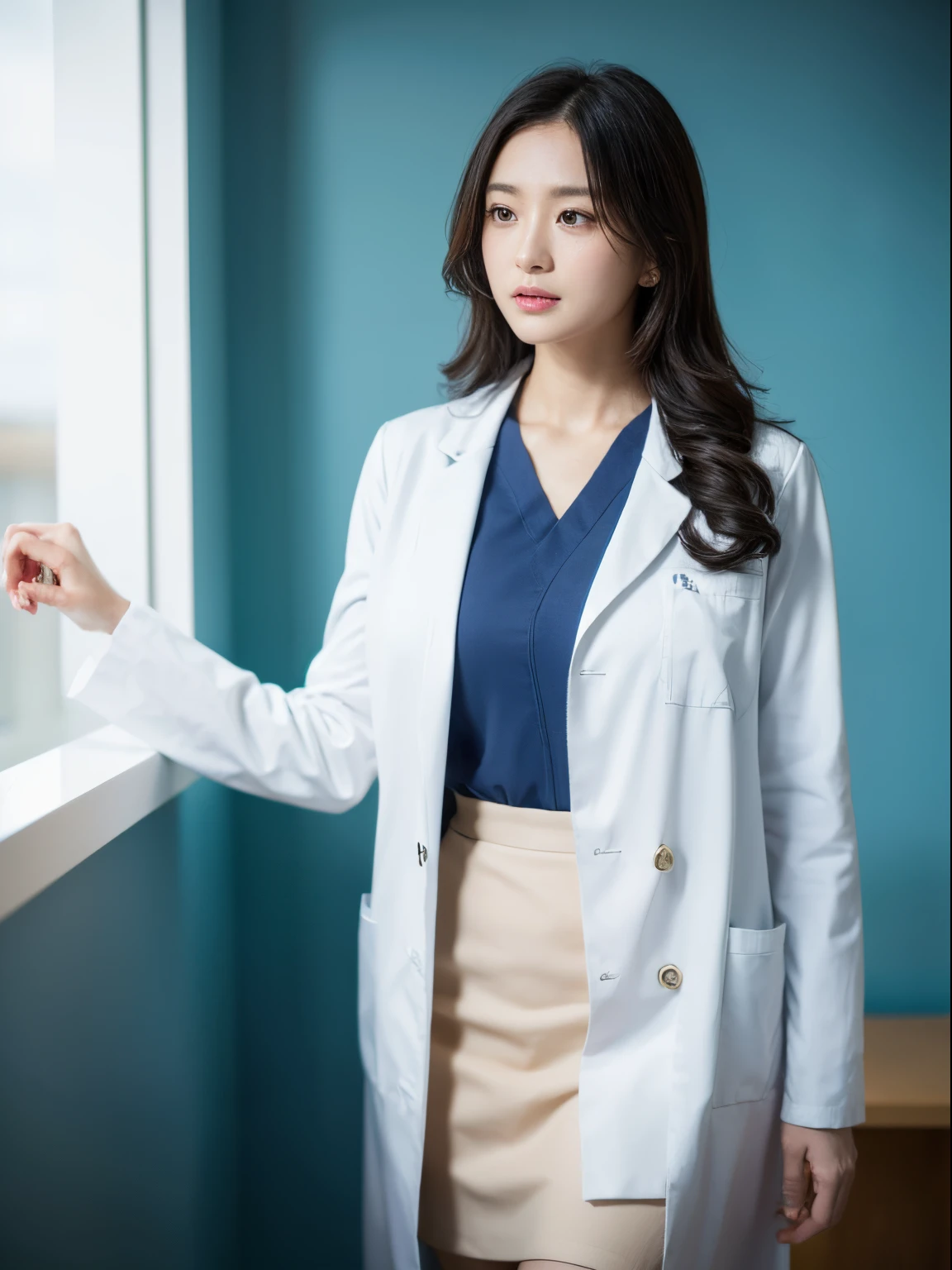 Photorealistic beautiful doctor、stunningly beautiful、doctors white coat, Collared shirt、(top-quality、8K、32K、masterpiece、nffsw:1.3)、超A high resolution,(Photorealsitic:1.4),Raw photography, Detailed face,,Beautiful hair, ((Doctor Style)), , Black tight skirt、 Natural makeup,, large full breasts、inside hospital, Detailed background, Perfect Lighting, depth of fields, Beautiful shadow gradient,stethoscope ,