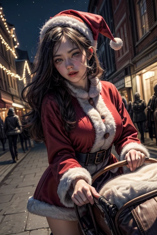 Hohe Detailgenauigkeit, best quality, 8K, [Ultra-detailliert], Meisterwerk, (Extrem detailliert), Dynamischer Winkel, .RAW,, 1 cute kitten dressed as Santa Claus pulls a large sleigh with presents through a Christmas-lit and decorated street.  filmischer Hintergrund, episch, (Meisterwerk:1.3), highres, filmischer Hintergrund, (Meisterwerk:1.2), high resolution