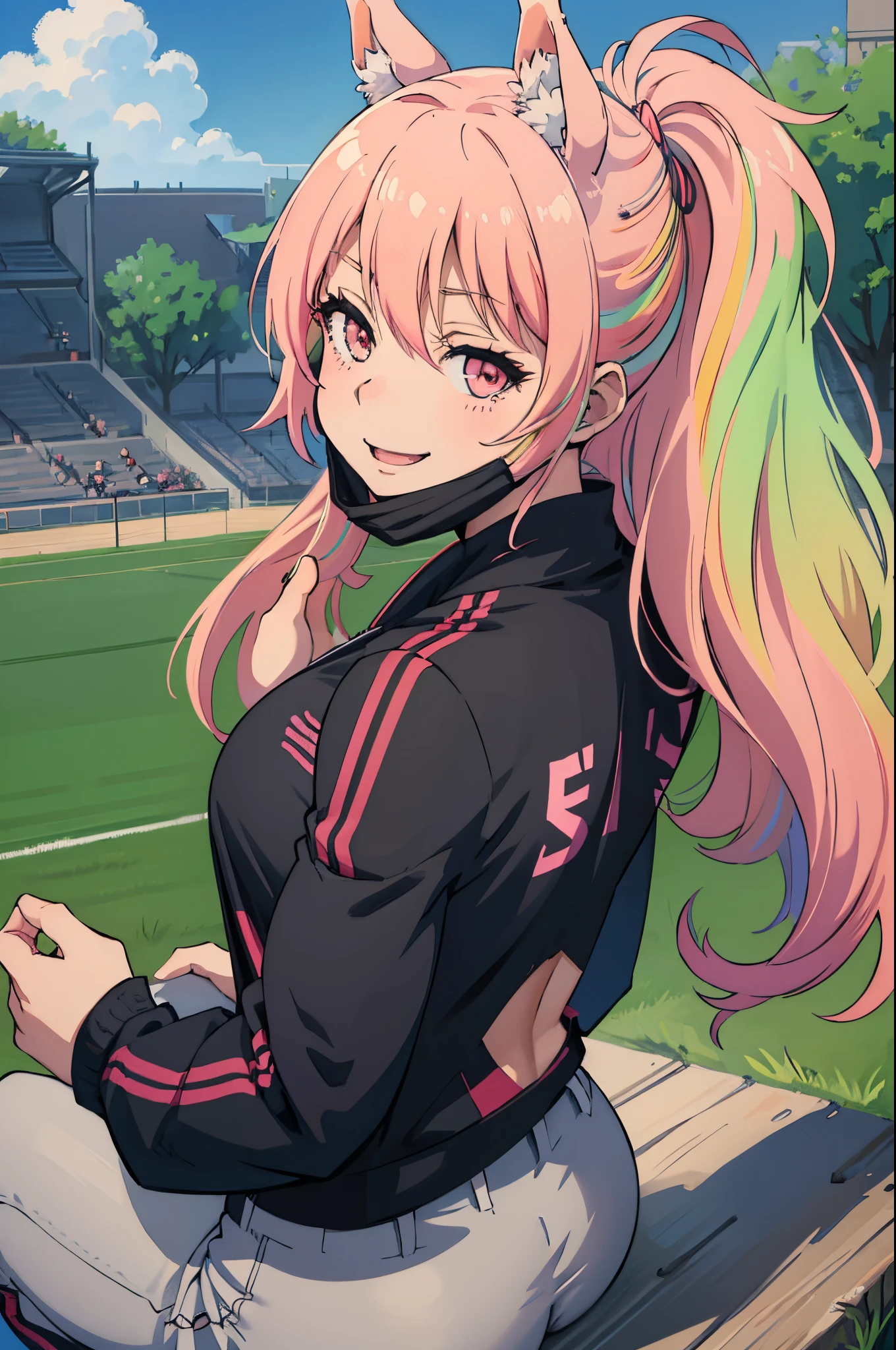 (Best Quality), (masterpiece), (High resolution), (Anime Heroine Illustration),,solo,girl with horse ears,smiling,back turned to the viewer,big muscle butt,Slacks,sporty clothing,soccer field,diamond,multicolored hair,multicolored eyes,muscular female,mature female
