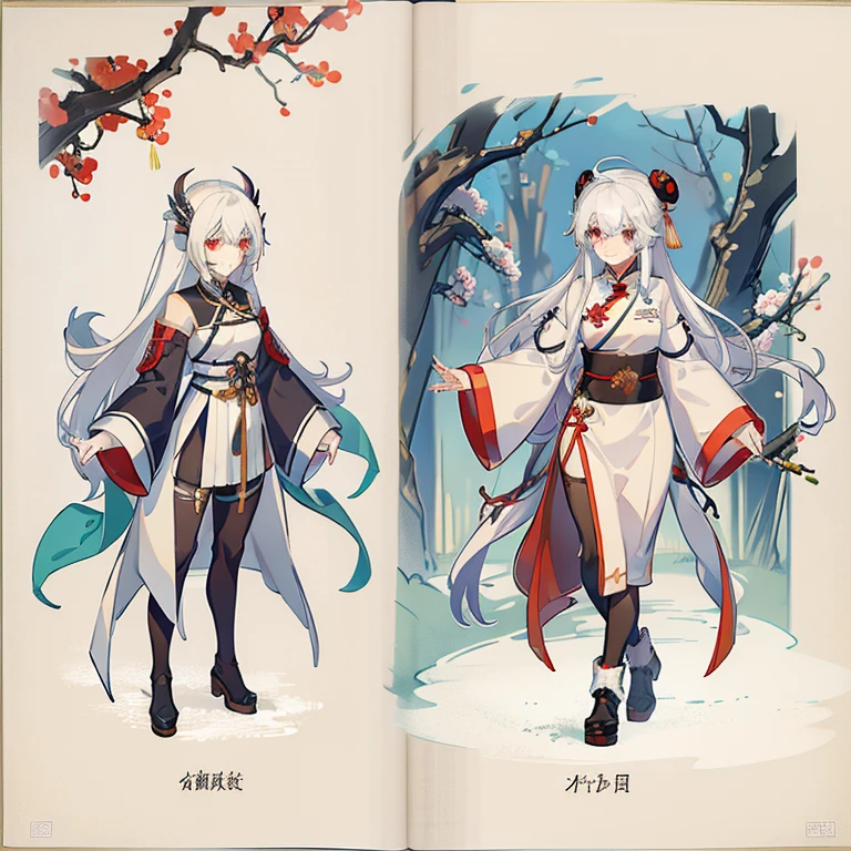A Cohesive Backstory,(Character Sheet:1.1),(The clothes:1.15),Sheet for clothes,Masterpiece,(beste-Qualit),higly detailed,Ultra-detailed,Pale,red eyes,white colored hair:1, Long hair,hair rings,Sniper rifle,black bodysuit,Medium bust,High and cold expression, Belt winding, Dagger Decoration, Supreme， Insulated jacket &quot;Snowman&quot;，white hair，white eyes，Standing on your feet，Chinese girl design，Detailed Genshin graphics，anime character design，anime concept art，pretty anime character design，anime character reference sheet，[Character design]，