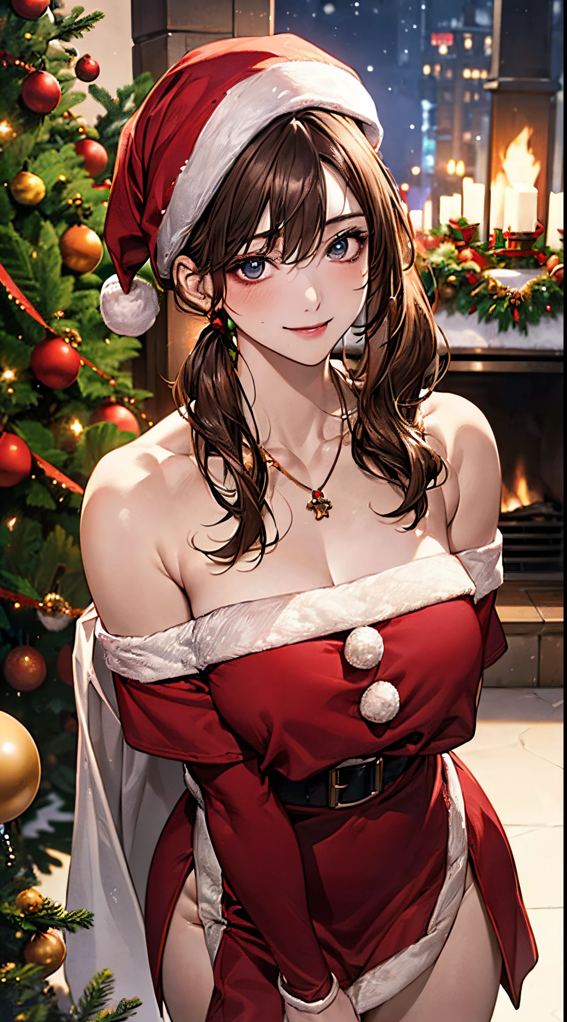 (masterpiece:1.2, top-quality), (realistic, photorealistic:1.4), beautiful illustration, NSFW, looking at viewer, cowboy shot, front view:0.8, 
1 girl, japanese, high school girl, beautiful hair, beautiful face, beautiful detailed eyes, light brown hair, (long hair:1.8, side ponytail:1.7), bangs, hair between eye, blue eyes, 
beautiful clavicle, beautiful body, beautiful chest, large breasts:0.8, beautiful thighs, beautiful legs, beautiful fingers, bare thighs, (thick thighs), 
(beautiful scenery), christmas night, indoors, livingroom, (christmas tree:1.3), 
((wearing santa claus costume, symmetrical clothing, metallic red santa claus hat, metallic red santa claus dress, metallic red santa claus boots, bare shoulders), christmas necklace), 
(swollen), ((seductive posture:1.2, attractiveness:1.2)), 
(erotic, sexy, upper eyes, smile), shiny skin, standing, 
perfect face, cute and symmetrical face, natural side lighting, movie lighting),