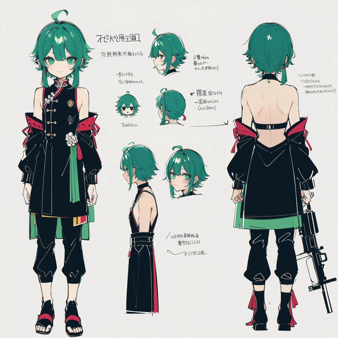 2 d anime style, anime moe art style, Jazz & Increased, cute art style, Anime-style illustration, anime girl, Author: Kamagurka, in Pixiv, pixiv style, pixiv, in anime style, anime art style, Full Body Commission, neon colors, neon green, The same character, absurdress,traditional Chinese clothing,Full of Details, ((Character design sheet,same character,front,side,backboollustartion, big weapon, Cyborg, baggy clothes