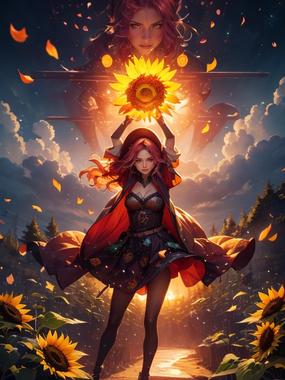 The sunflower witch, a crazy woman with a sunflower dress, red hair, magic ambience, amazing fantasy idea, surround by plants and sunflowers, Magic particles, sunflower petals, landscape, HD wallpaper