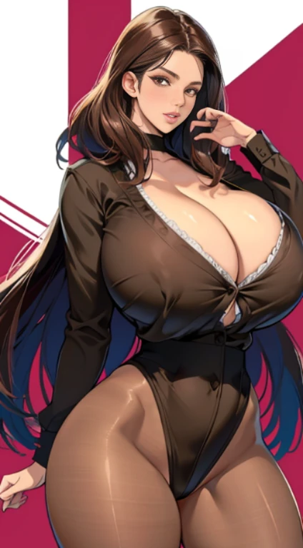 Latino woman, tall, Beautiful curves, sexy and attractive, Small waist, Large hips, humongous large breast, humongous large breast, Hip flexion and extension, Thick lips, Carnal lips, brown lips, bronze skin, buttoning, button- shirt, lacepantyhose, hair straight, Best quality at best, 8K, tmasterpiece, actual, realisticlying, (humongous large breast:1.2)