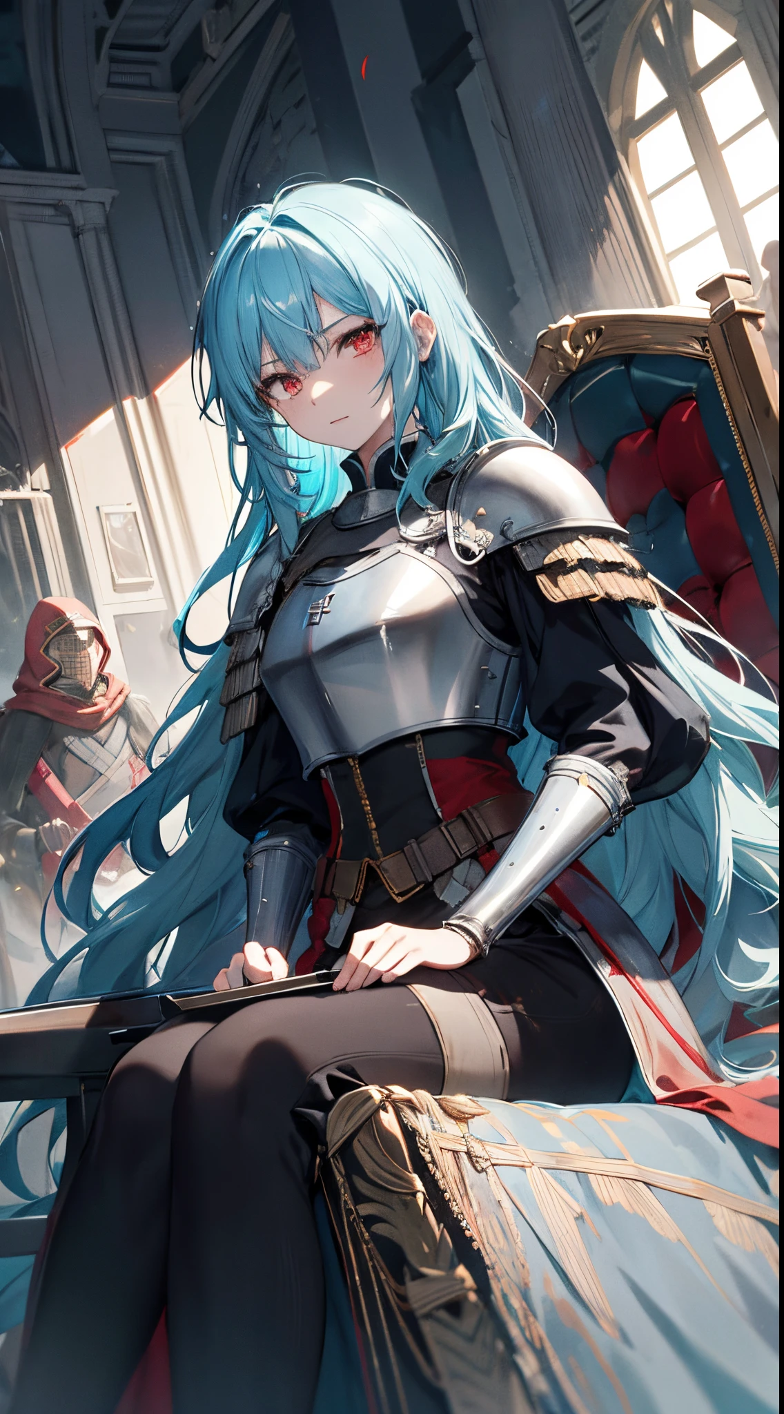 cyan hair, red eyes, scar on face, long hair, wavy hair, fit body, dynamic angle, scratched plate armor, throne room, princess, defiant, medieval, soldiers cheering, determined, masterpiece, ultra-detailed