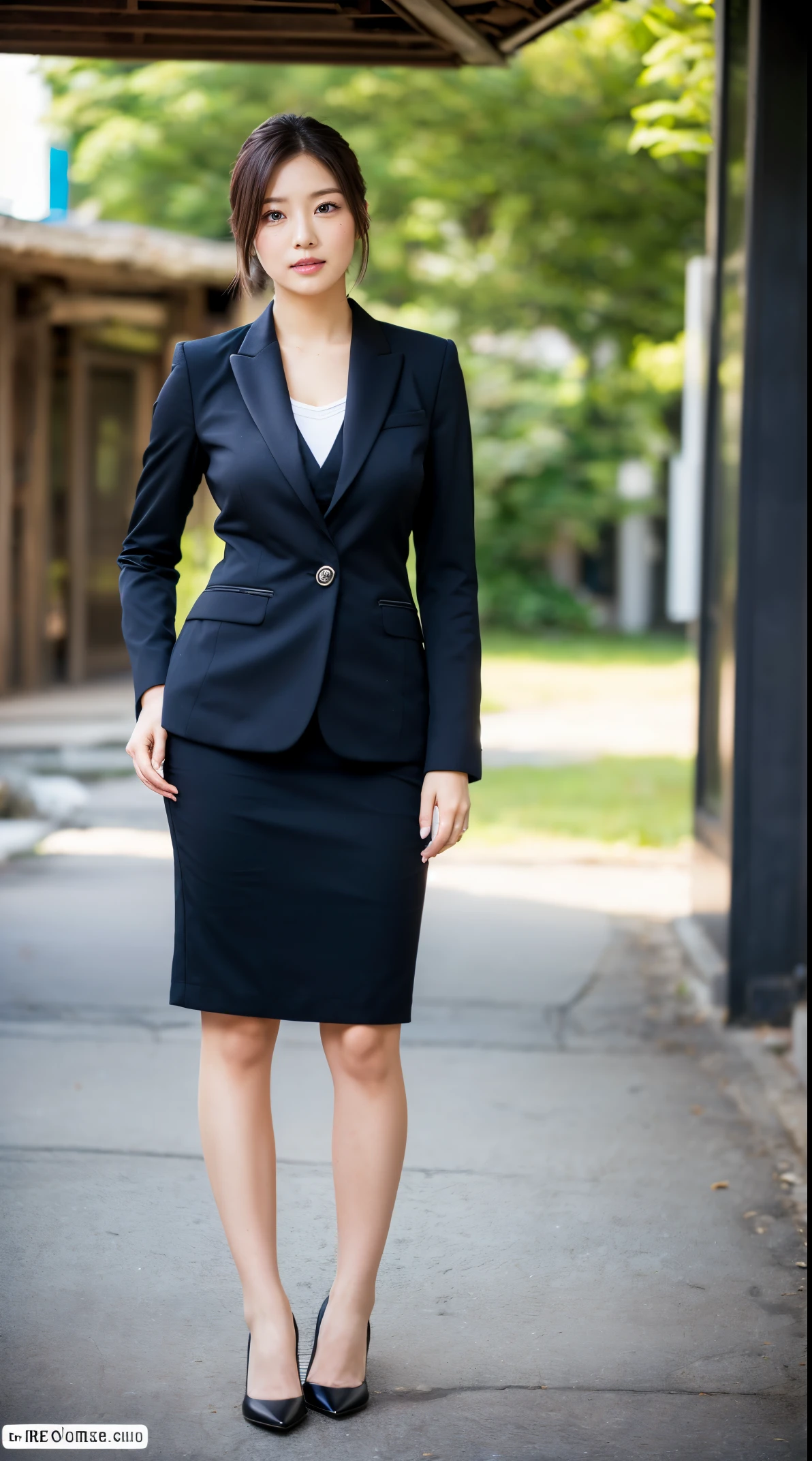 (masutepiece,High quality:1.3),(depth of fields:1.3) ,((front body:1.35)),  Japanese ,beautiful woman,Chignon,Black business suit,business skirt,Huge breasts,(Looking at Viewer:1.3),(Full body:1.2),