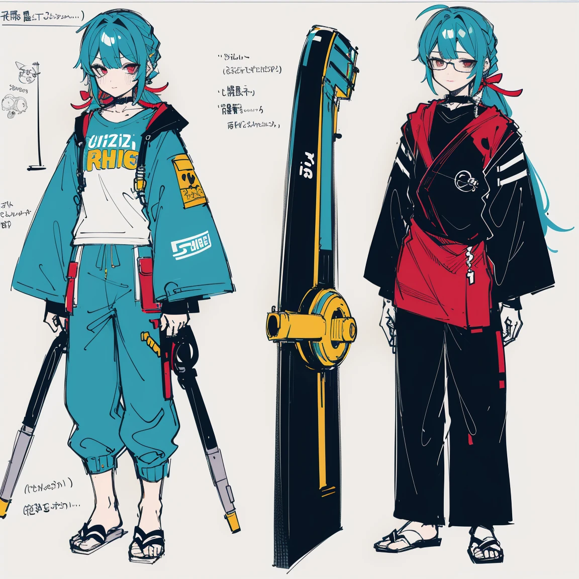 2 d anime style, anime moe art style, Jazz & Sublime, cute art style, Anime-style illustration, anime girl, Author: Kamagurka, in Pixiv, pixiv style, pixiv, in anime style, anime art style, Full Body Commission, The same character, absurdress,,Full of Details, ((Character design sheet,same character,front,side,backboollustartion, big weapon, Cyborg, baggy clothes