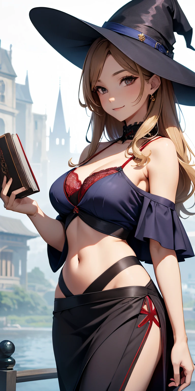 Adult Woman, Sexy Witch Cosplay, Long dark blonde wavy hair、off-shoulder knit, (Long flared skirt in dark blue), Medium milk, cute smile face、Bare shoulders、(Pose to lean forward and emphasize the chest)、(turned around)、sexy hips、Black High Heels、Luxurious magic wand and book、Church of the castle、sexy  pose、(((The skirt is rolled up by the wind)))、Sexy red lace panties、Red lace bra