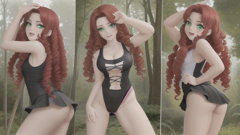 Charakter-Design-Blatt: Unterschiedliche Posen, Turnaround Draw a picture of a 24-year-old woman, 165 cm tall, schlank, sportlich, rotes Haar, lockiges Haar, green eyes, Stelle sie als eine lebensfrohe, junge Frau dar, whose facial expression reflects happiness and relief, different poses from different directions She has red curly hair and green eyes, and embodies a mixture of chaos, neugierig, lucky and inexperienced characteristics. Emphasize her red curls and green eyes, ihre Neugier, their nature and their inner strength. she wears a skirt