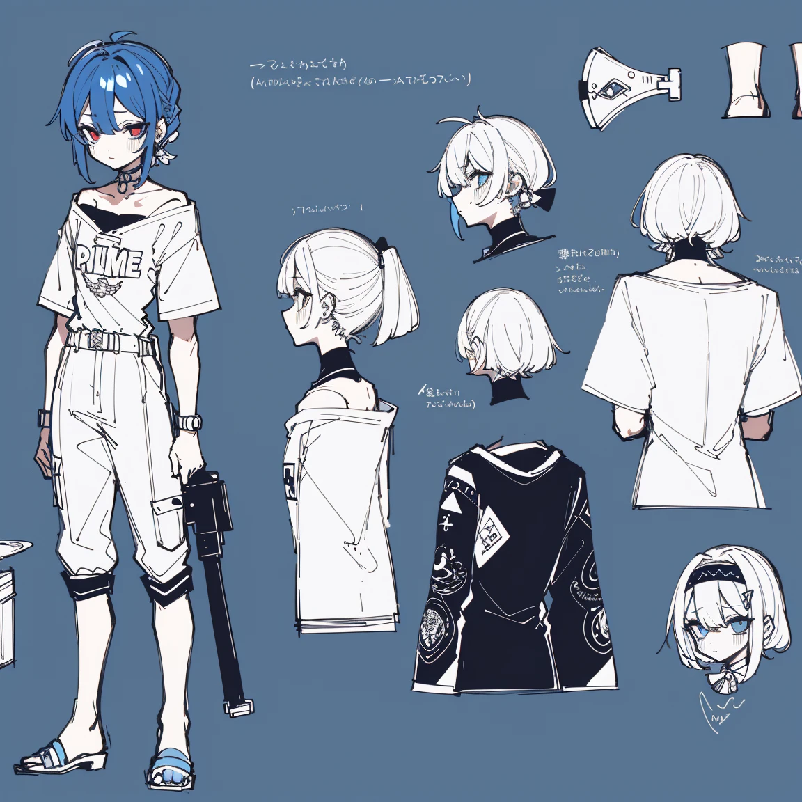 2 d anime style, anime moe art style, Jazz & Sublime, cute art style, Anime-style illustration, anime girl, Author: Kamagurka, in Pixiv, pixiv style, pixiv, in anime style, anime art style, Full Body Commission, The same character, absurdress,,Full of Details, ((Character design sheet,same character,front,side,backboollustartion, big weapon, Cyborg, baggy clothes