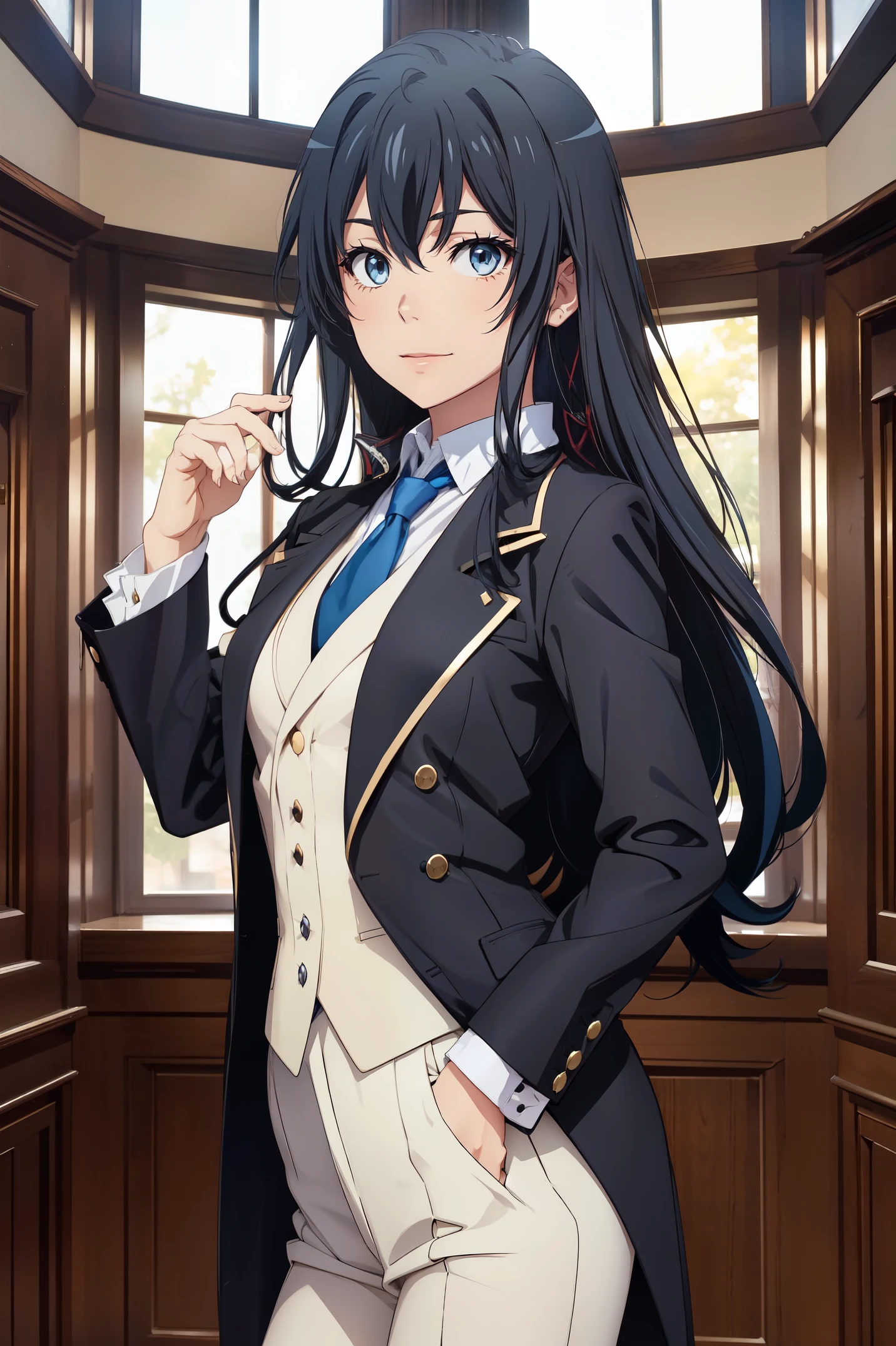 Yukinoshita yukino ,woman in formal attractive tailcoat standing in a large alcove in the room , 1girl, solo, blue necktie, black hair, blue eyes, long hair, smile , collared shirt, white pants, white shirt , tailored tailcoat elegant , standing in front of a window ,tailcoat tailored to perfection. Featuring striking Victorian theme and crafted from the lustrous fabric