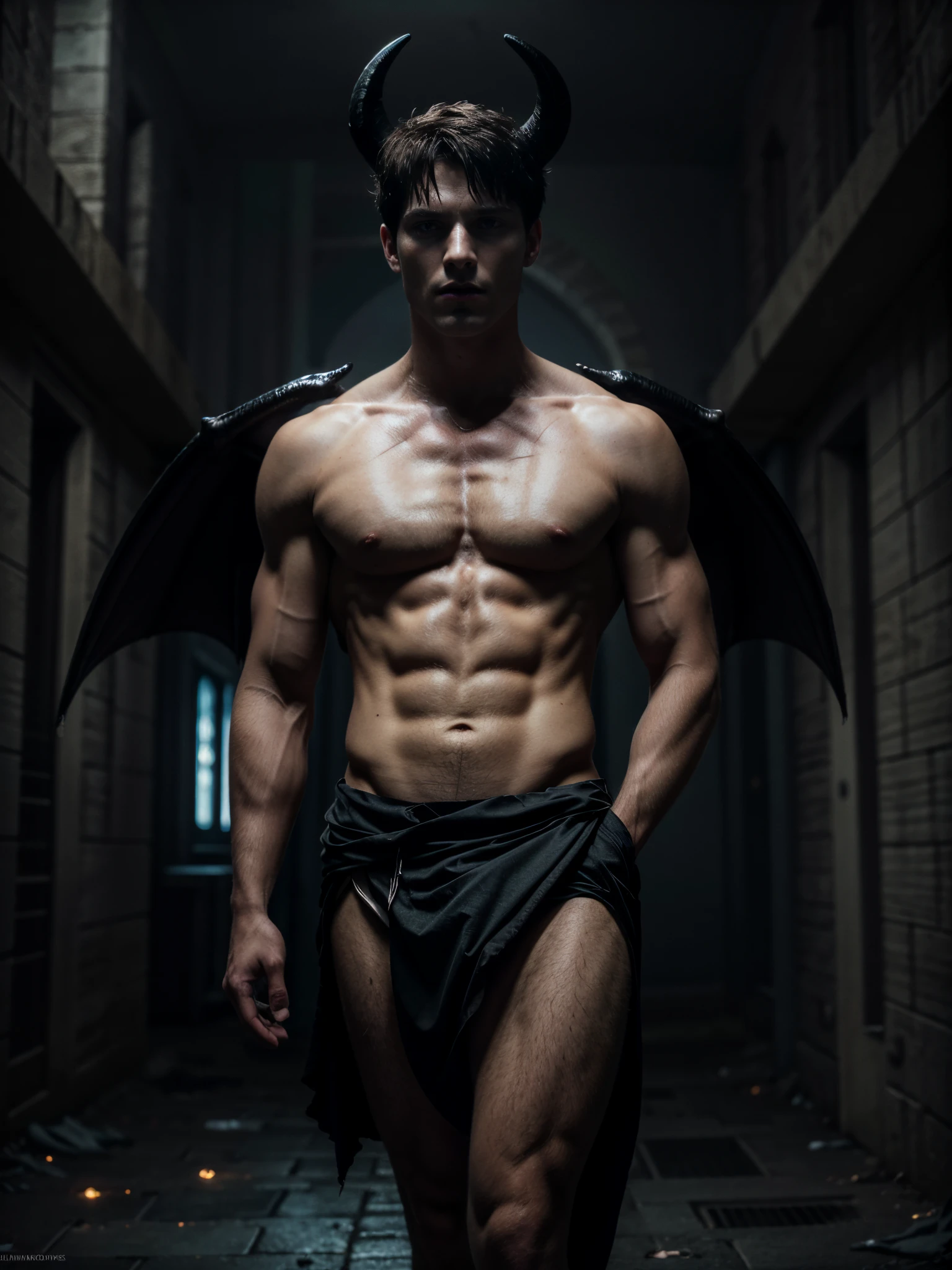 ((masterpiece)),((best quality)),8k, high detailed, ultra-detailed, Stylish Pose, real skin texture, cinematic lighting, 18-year-old male model, handsome, cute looking, evil look, evil eyes, (black sheep-alike horns) white pale skin, blue eyes, short brown messy hair, strong jawline, masculine, muscular, defined fit body, hairless chest, shirtless, pantless, walking towards the camera, sinister aesthetic, gothic architecture, burning ground, (black massive huge dragon wings), barelegged, barefoot, roman loincloth, black destroyed male skirt,,, dim light, (dark evil atmosphere:1.5), cinematic lighting, backlight, Depth of field, award-winning photography, elegant, hyperrealistic, octane render, unreal, high definition, 8k resolution, highly detailed, 8k uhd, professional lighting, photon mapping, radiosity, physically-based rendering