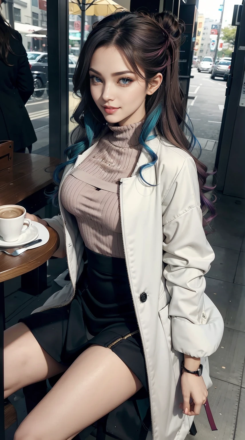 a 25yo woman、Hair color is a gradient color、Eye color is blue、Semi-long、hair is wavy、I'm wearing eyeshadow and lipstick、I'm wearing a headband、accessories on wrist、Slender but well-proportioned muscular body、Wearing a long coat over a high-neck zipper-up top、She is wearing a tight skirt with a deep slit.、I'm wearing high heels、a smile、Sitting on a chair at an open cafe and drinking coffee