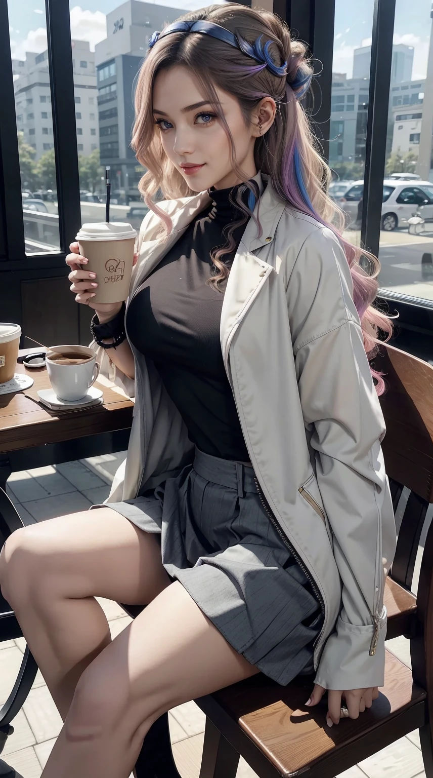 Half Body，original photo，next to empty table，Drink lemon juice，Gray lace，White hair，outdoor，Burgundy leather coat，Off-shoulder，Long silver hair，In front of the milk tea shop