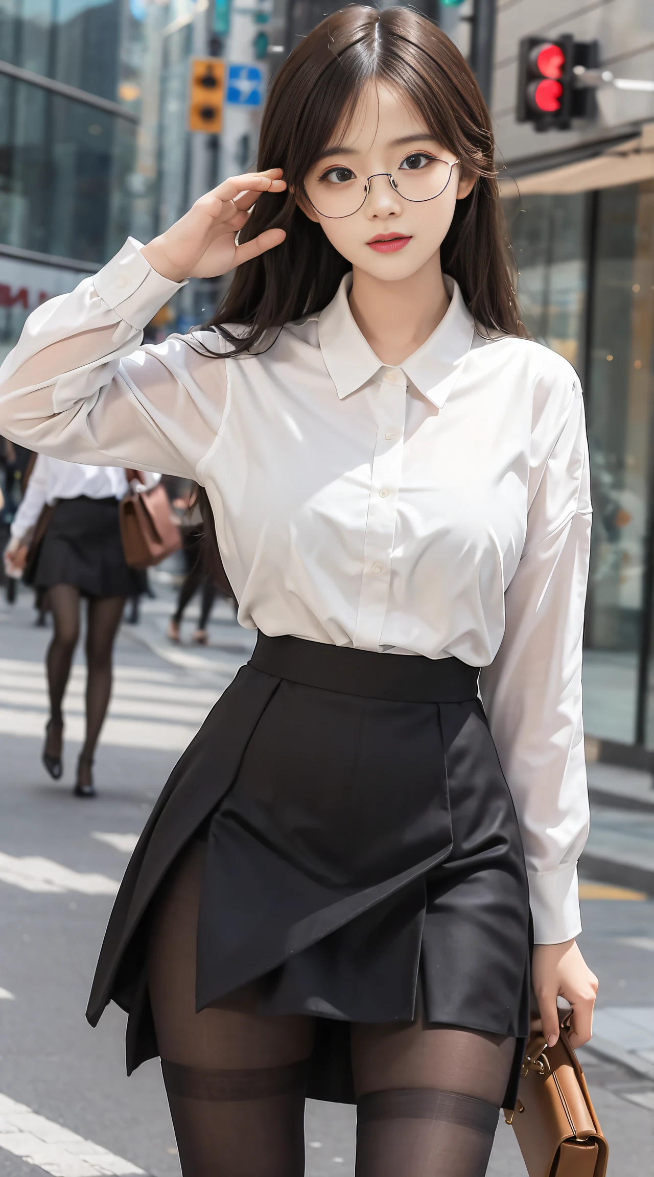 ulzzang-6500-v1.1, (raw photo:1.2), (photorealistic:1.4), beautiful detailed girl, very detailed eyes and face, beautiful detailed eyes, ridiculous, incredibly ridiculous, huge file size, super detailed, high resolution, very detailed, best quality, masterpiece, ((fashion clothing with diverse colors)), illustration, very detailed, CG, unified, 8k wallpaper, amazing, fine detail, masterpiece ,best quality, very detailed CG uniform 8k wallpaper, light on face, movie lighting, 1girl, , long white hair, side splitig breasts), (no panties)), (glasses), ((dynamic pose))), ((sexy pose))), (camel toe), (half), (pantyhose)), ((black hip skirt))