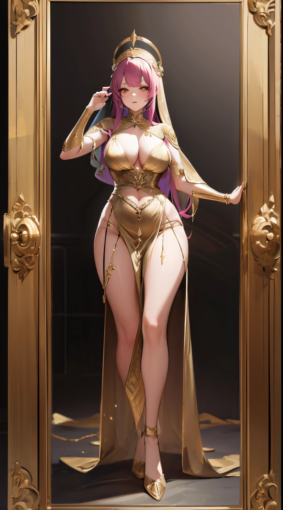 ((worm's eye view)) Egyptian goddess in lingerie, moden ao Dai, full body, perfect anatomy, chiaroscuro centered, dynamic, highly detailed, masterpiece, high quality, high Res,