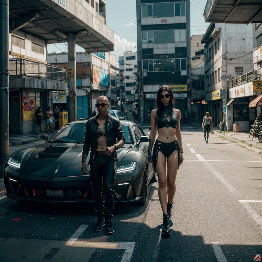 Cidade futurista estilo cyberpunk 2077,sobrando realista, com carros futurista de fundo, during the day random people passing by in the background.