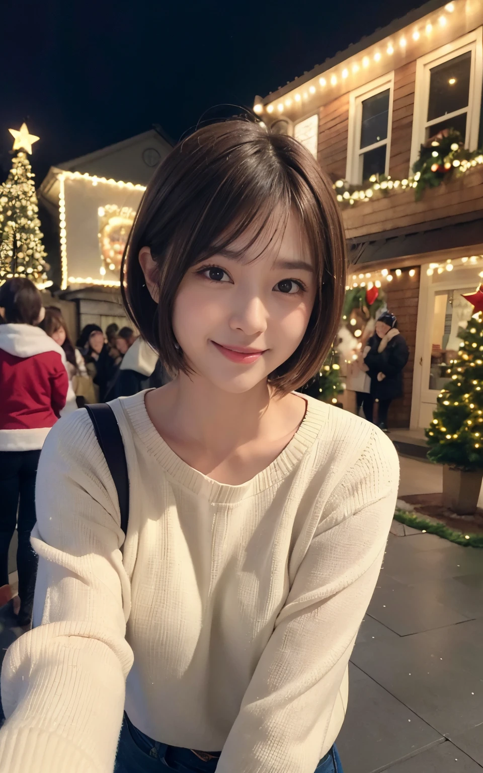 21 year old wearing cute winter clothes、Kawaii Girl、Little brown hair、Shortcut Hair、Christmas Night View、Around her、Christmas Decorations、Smiling college girl、special christmas.enjoy your time。Super Detail Face、Eye of Detail、二重まぶた、beautiful thin nose、foco nítido:1.2、prety woman:1.4、(light brown hair,short cut hair, White skin、top-quality、发光、​masterpiece、超A high resolution、(Photorealsitic:1.4)、