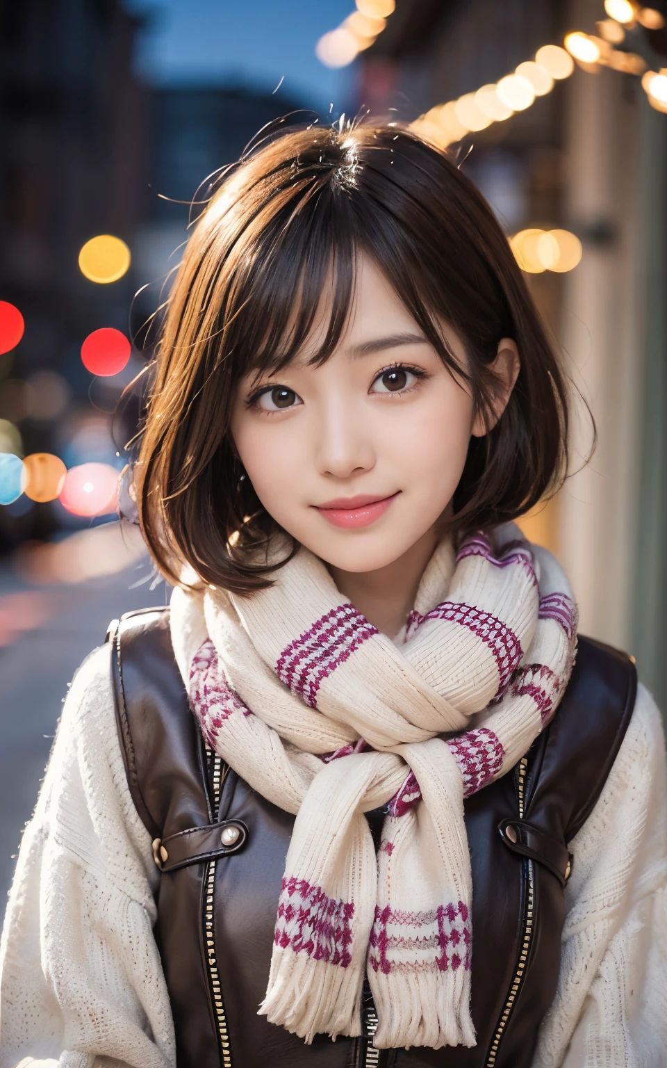 21 year old wearing cute winter clothes、Kawaii Girl、Little brown hair、Shortcut Hair、Christmas Night View、Around her、Christmas Decorations、Smiling college girl、special christmas.enjoy your time。Super Detail Face、Eye of Detail、二重まぶた、beautiful thin nose、foco nítido:1.2、prety woman:1.4、(light brown hair,short cut hair, White skin、top-quality、发光、masterpiece、超A high resolution、(Photorealsitic:1.4)、