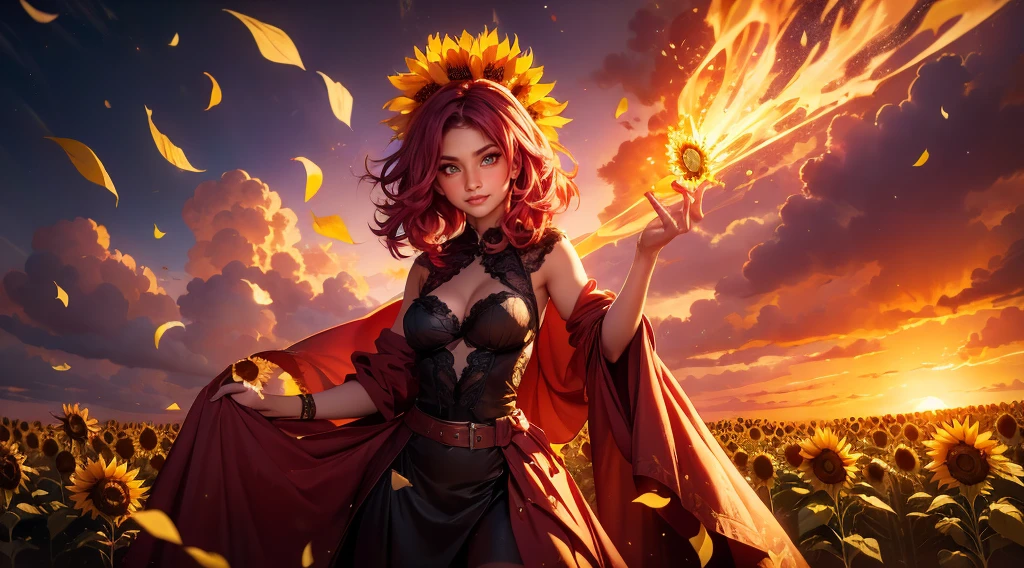 The sunflower witch, a crazy woman with a sunflower dress, red hair, magic ambience, amazing fantasy idea, surround by plants and sunflowers, Magic particles, sunflower petals, landscape, HD wallpaper