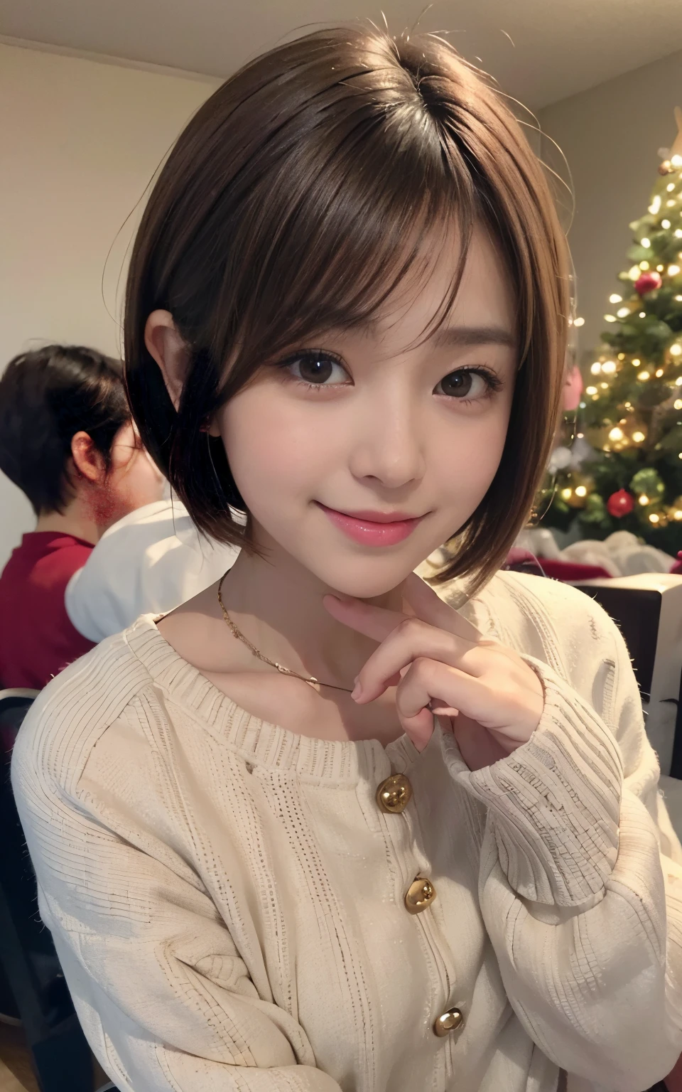 21 year old wearing cute winter clothes、Kawaii Girl、Little brown hair、Shortcut Hair、Christmas Night View、Around her、Christmas Decorations、Smiling college girl、special christmas.enjoy your time。Super Detail Face、Eye of Detail、二重まぶた、beautiful thin nose、foco nítido:1.2、prety woman:1.4、(light brown hair,short cut hair, White skin、top-quality、发光、​masterpiece、超A high resolution、(Photorealsitic:1.4)、