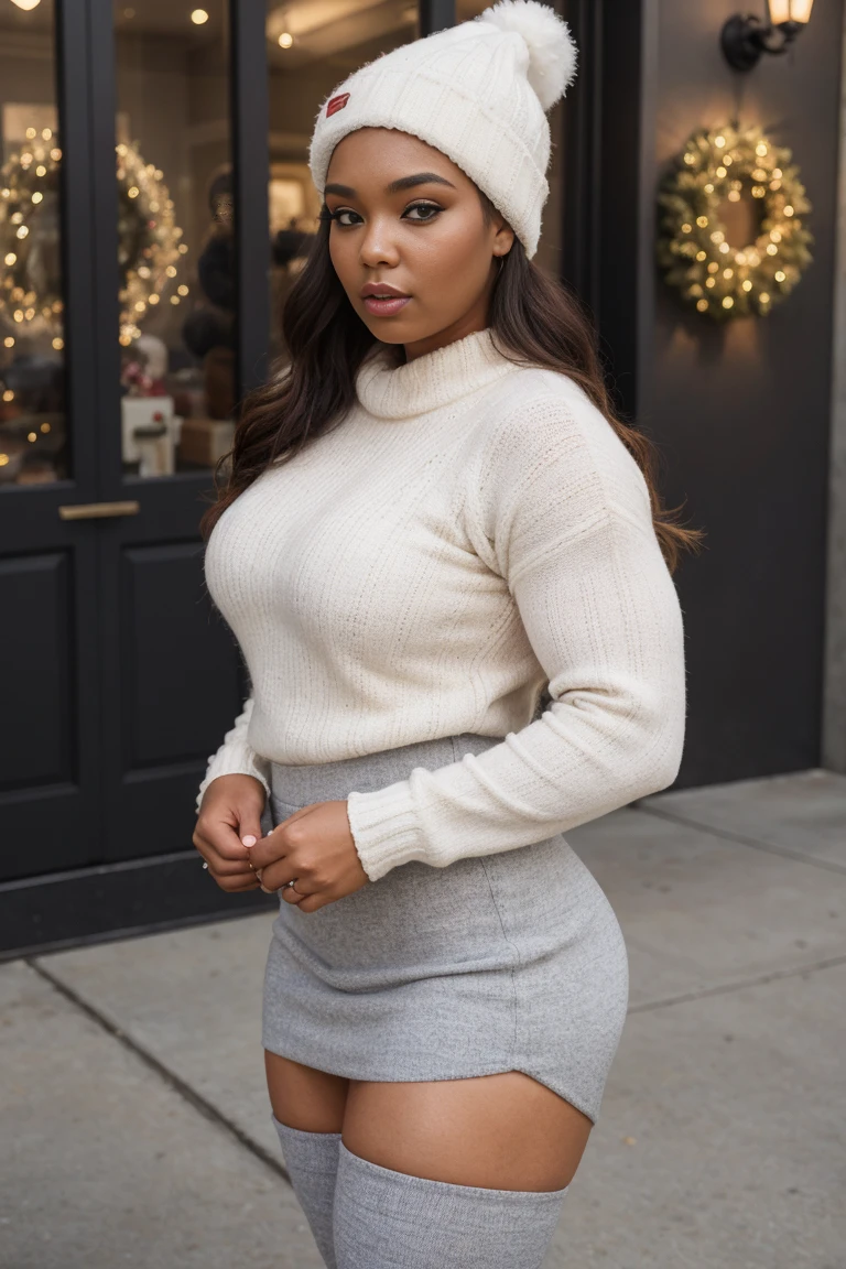 Lizzo , Generate a full length fashion portrait of a heavily muscled iff pro female bodybuilder , her makeup, hair, she is dressed in a tight fluffy woolen sweater, tight miniskirt, white knee high socks, xmas hat, lighting, environment