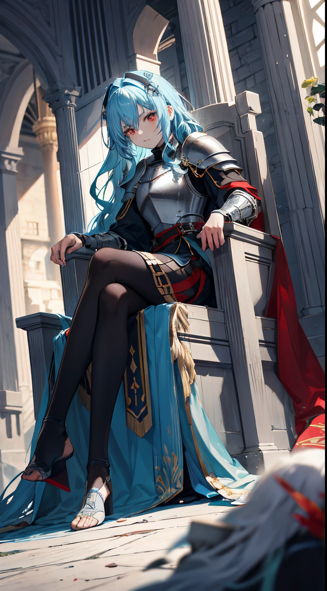 cyan hair, red eyes, scar on face, long hair, wavy hair, fit body, dynamic angle, scratched plate armor, throne room, princess, defiant, medieval, soldiers cheering, determined, masterpiece, ultra-detailed