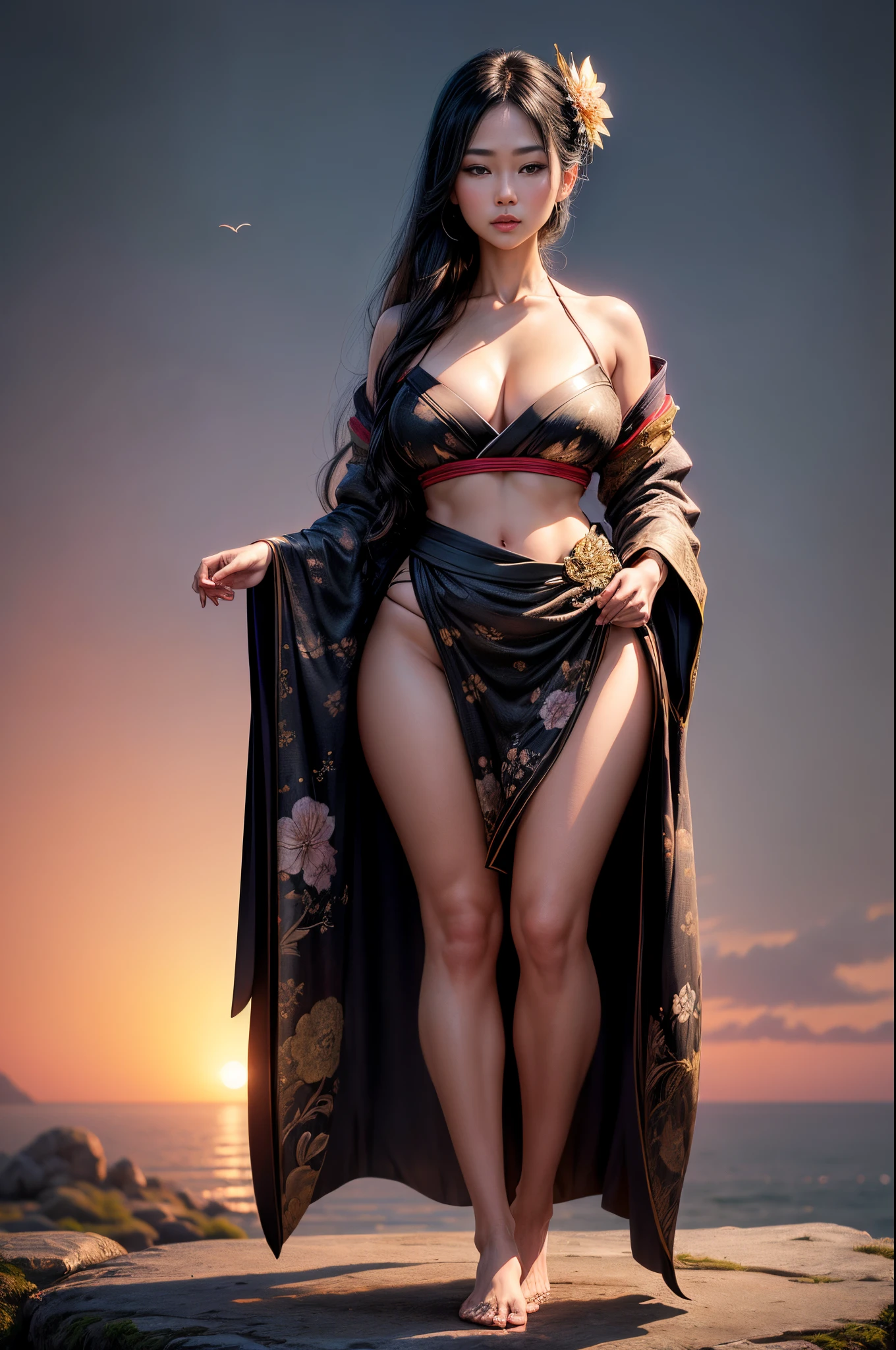 "((hyperrealistic, photorealistic, full body, 16k, intricate details, maximum quality, ultra-detailed texture,)) masterpiece, a beautiful geisha, with flowing black hair, full lips, full breasts, thick thighs, barefoot, wearing a low-cut sensual kimono, standing on a small hill, in a very delicate pose, and in the background on the horizon a sunrise appears , the glow of dawn takes over the skies, and birds fly in all directions in the background and up in the sky ((depth of field))."