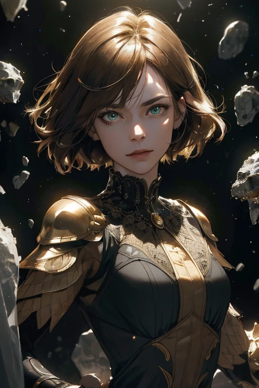 (absurdres, highres, ultra detailed), 1woman, mature female, aged up, short hair, golden brown hair, green eyes, bangs, finely detailed eyes and detailed face, armored dress, extremely detailed CG unity 8k wallpaper, intricate details, (style-swirlmagic:1.0), looking at viewer, solo, upper body, detailed background, close up, detailed face, (gothic dark ages theme:1.1), dynamic pose, earth themed clothes, floating in the air, glowing magical shards, stalactites, magical floating particles, magical circles black background, epic ethereal atmosphere, updraft, portrait