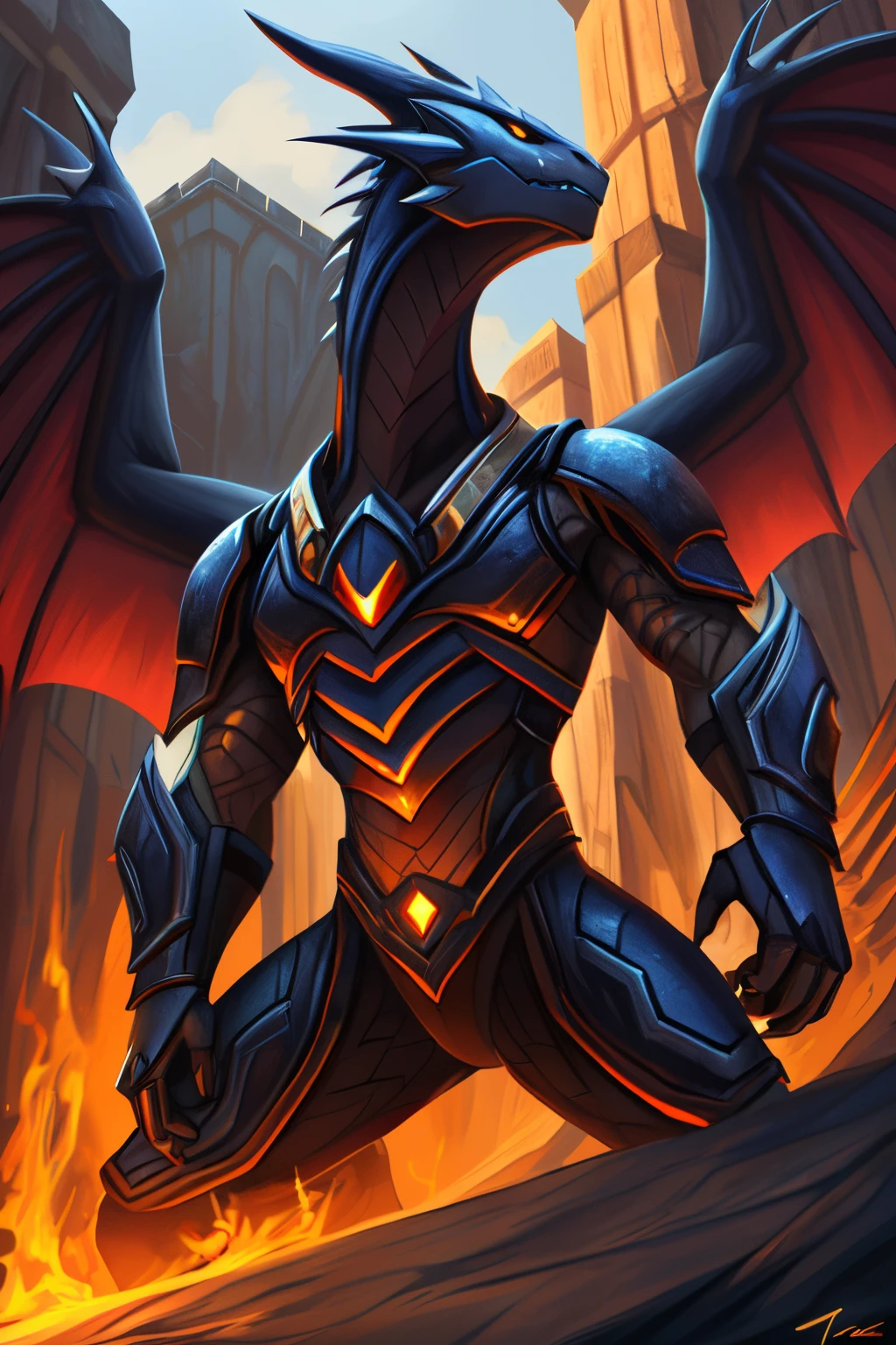 (best quality,highres,ultra-detailed), dragon, anthropomorphic, detailed scales, powerful stance, intimidating presence, medieval castle, towering walls, flickering torches, dark atmosphere, heavy armor, intricate engravings, worn and battle-worn, menacing helmet, brutal style, rough brushstrokes, bold color palette, aggressive composition, big armor, reinforced plates, impenetrable defense.