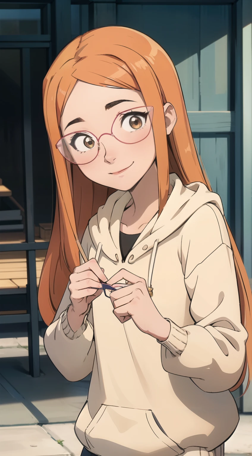 (((masterpiece))), HD 4k res image, no blur, Honey Lemon, Sweet shy smile, wearing long thick hoodie and glasses, outdoor, bright, cute