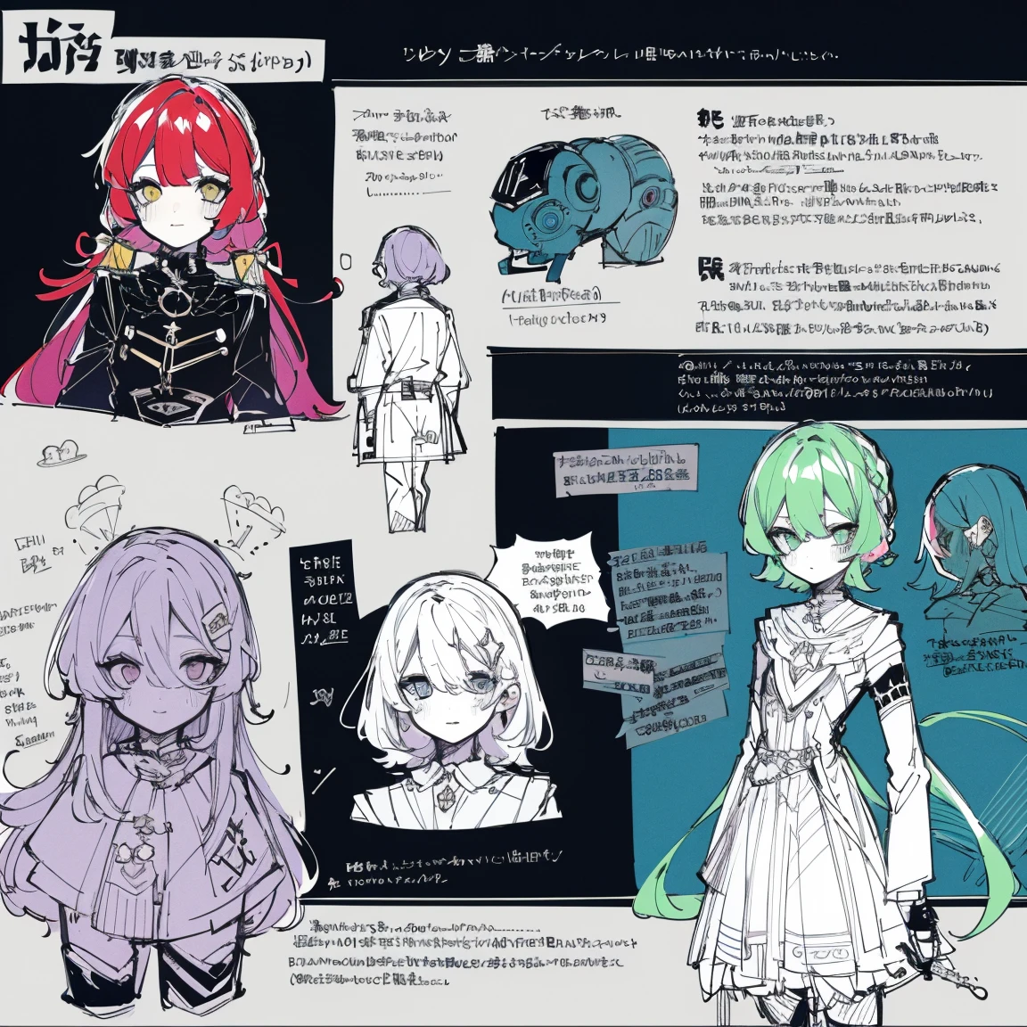 petite girl, redhead hair, robot horse,Type sheet, Character Sheets, Three types,Shot Full Body,Game Character Design,than a small flying moon,Girl in sunglasses and beans,Victorizo ∨TSE∨,Stylistic expression, inspired by Alphonse Mucha, A lot of style, flat shading flies, Abstract art, baggy clothes, ,windproof boots, official arts, Line chart sketch, symbol-shaped pupils,Separating elements), watercolour,illustartion,Realistic,Harmonious colours,natural lighting,cowboy shot, , Sleeves, Trimmed with ribbons,Detailed Face, Cyborg
