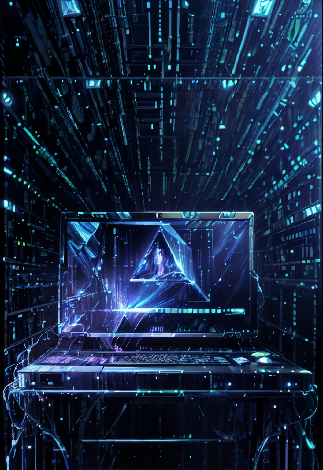 PERFECT MASTERPIECE, EXTREMELY DETAILED CG UNITY 32K UHD QUALITY RESOLUTION, RAW PHOTO, AWARD-WINNING PORTRAIT, OFFICIAL ART, PHOTOREALISTIC, PHOTOGENIC CLARITY, HYPER-REALISTIC, HYPER-DETAILED, (((Only a futuristic laptop sitting on a desk, holographic matrix style coding illuminating from the laptop screen, corporate business office background, close up pov camera view1.3)))
