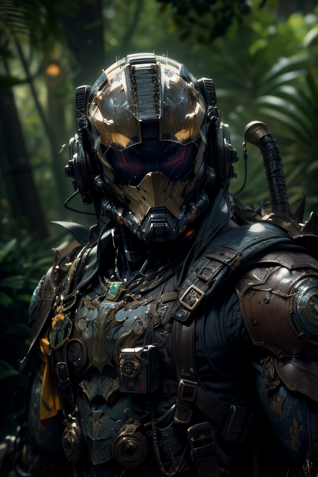 (((An epic and visually stunning digital anime masterpiece featuring a sylphlike masculine ((male:1.5)) decorated military dieselpunk cyborg soldier clad in a sleek yet tactical armored yet decorated leather military trench coat:1.2))), (((flat masculine male chest:1.5, full head covered by a mechanical mecha knight helmet with a narrow visor:1.5))), (((the character adorned in a (scifi tactical armored open front trench coat with a built in exoskeleton) (over a form fitted armor plated yet super sleek and revealing under suit with waist cut outs), the armor plating on the upper arms and shoulders beautifully engraved))):1.4. The image showcases the intricacies of the character’s armor and clothing:1.5, ((capturing their flamboyant essence and heavy mecha aesthetic:1.2)). The character also possesses an androgynous charm, (((with slim yet heavily muscled physique:1.2, sylphlike with a sleek waist, toned yet beautifully sleek cybernetic arms:1.3, mechanical arms and legs:1.3, mecha muscles:1.3))), looking at viewer, (((brass metal armor and brown leather, dieselpunk:1.3))), (((depth of field, cinematic lighting, chromatic aberration, ray tracing, UHD, masterpiece, no hair, super detail, high details, high quality, award winning, 8k, highres)))
