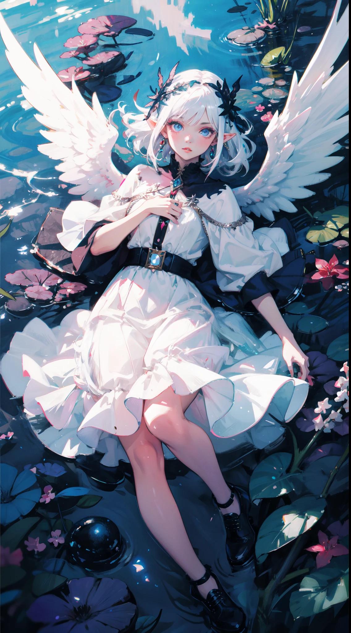 Rusticcore, contest winner, pixiv, Disgusting a white haired elf woman with wings and jewels on her head and chest, wearing a white dress with silver wings and a silver collar, (Charlie Bowater:0.158) , (Artgerm:0.073) , (a character portrait:0.265) , (whitegloveantasy art:0.457) and Seaweed, extremely beautiful, Analytical Art, 8K, best quality, DayGlo orange dust particles, dslr, anaglyph effect, BREAK, (masterpiece, top quality, best quality, official art, beautiful and aesthetic:1.2), lips, eyelashes, makeup, blue eyes, eyeshadow, pink eyeshadow, pink lips, extreme detailed, highest detailed,