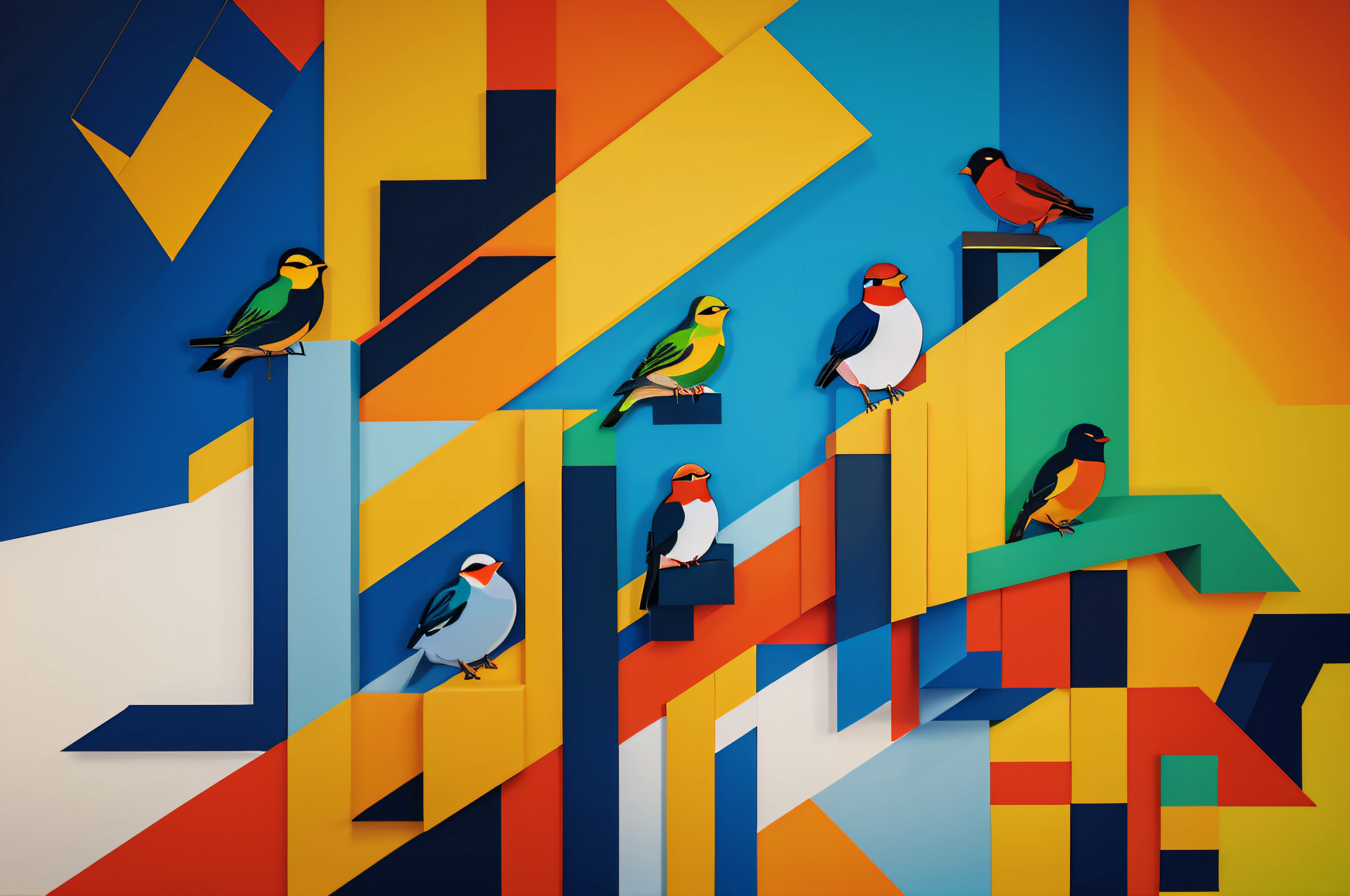 Teselado wallpaper of birds draw vectorize it, with some cubism, colorful., typography, painting, vibrant, 3d render, illustration