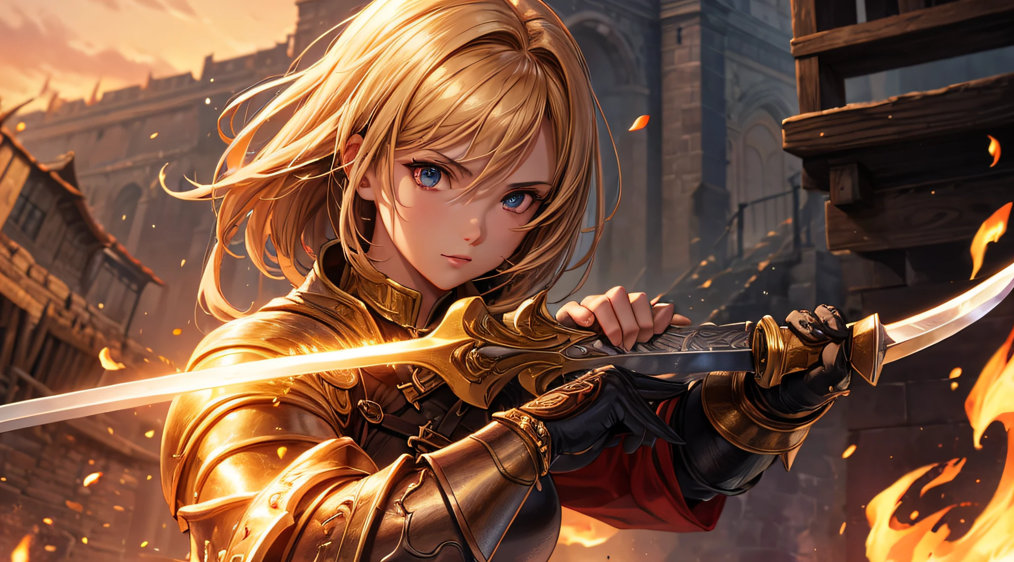 masutepiece,Best Quality,ultra-detailliert,1 female swordsman,Upper body,Fire Sword,a blond,look at viewr,Dark Souls