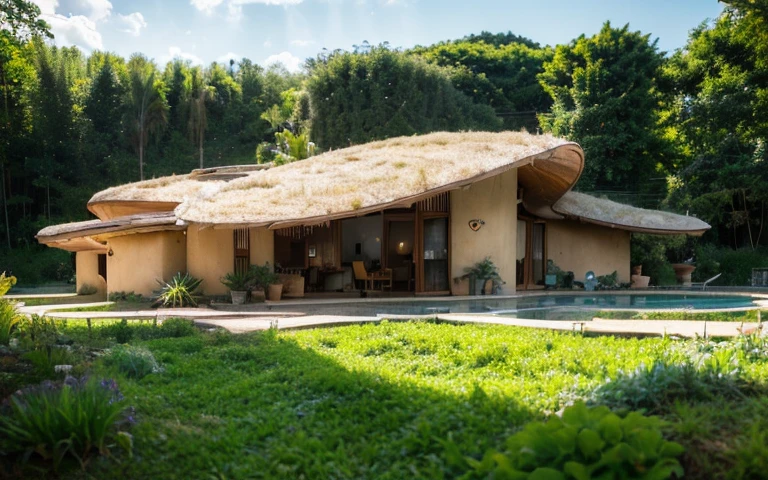 A photograph of a symmetrical contemporary house with (((one hyperbolic paraboloid green roof))) and (((biological pool))) and (((base wall rock foundation))) in a tropical backyard, high roof and long eaves, mustard yellow terracota plaster walls (((rustic clay stucco))), ((corner walls rounded)), ((rustic clay plaster)), (((terracotta walls with rounded corners, organic curves))), (((rustic earth plaster, mud))), (((hyperbolic-shaped green roof with wooden edge))), (((wooden roof structure, wooden rake, wooden fascia board))), eaves, ((roof with wooden structure)), In Bahia (((tropical garden))), ((natural houses, organic buildings, organic architecture)), ecovillage, sustainable architecture, bioconstruction architecture, solarpunk architecture, (((grass roof, green roof, green wave roof, rounded roof, vegetated roofs))), (((rock base foundation wall, foundation height 30cm, stone base wall 30cm high))), ((green architecture)), passive house, clear sky in the background, painful beauty, modern, imposing, green house, ((Bali hobbit Hadid Style)), super resolution, cinematic, color grading, editorial photography, photography, photo shoot, (((dramatic front eye top angle view))), O 50mm, depth of field, intricate details, natural colors, sharp focus, warm light, shutter speed 1/1000, F/22, White Balance, Ray Trace Reflections, Lumen Reflections, Screen Space Reflections, Diffraction Rating, Chromatic Aberration, GB Shift, Partial Lighting, Backlighting, Daylighting, Scan Lines, ambient occlusion, antialiasing, shaders, OpenGL-Shaders, GLSL-Shaders, Post-processing, post-production, shading, tone mapping, incredibly detailed and complex, hypermaximalist, elegant, hyperrealistic, super detailed, dynamic pose, Fujifilm XT