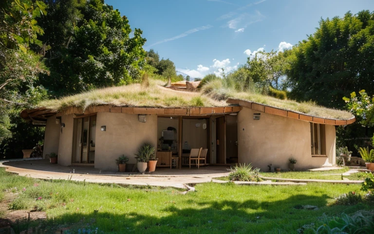 A photograph of a symmetrical contemporary house with (((one hyperbolic paraboloid green roof))) and (((biological pool))) and (((base wall rock foundation))) in a tropical backyard, high roof and long eaves, mustard yellow terracota plaster walls (((rustic clay stucco))), ((corner walls rounded)), ((rustic clay plaster)), (((terracotta walls with rounded corners, organic curves))), (((rustic earth plaster, mud))), (((hyperbolic-shaped green roof with wooden edge))), (((wooden roof structure, wooden rake, wooden fascia board))), eaves, ((roof with wooden structure)), In Bahia (((tropical garden))), ((natural houses, organic buildings, organic architecture)), ecovillage, sustainable architecture, bioconstruction architecture, solarpunk architecture, (((grass roof, green roof, green wave roof, rounded roof, vegetated roofs))), (((rock base foundation wall, foundation height 30cm, stone base wall 30cm high))), ((green architecture)), passive house, clear sky in the background, painful beauty, modern, imposing, green house, ((Bali hobbit Hadid Style)), super resolution, cinematic, color grading, editorial photography, photography, photo shoot, (((dramatic front eye top angle view))), O 50mm, depth of field, intricate details, natural colors, sharp focus, warm light, shutter speed 1/1000, F/22, White Balance, Ray Trace Reflections, Lumen Reflections, Screen Space Reflections, Diffraction Rating, Chromatic Aberration, GB Shift, Partial Lighting, Backlighting, Daylighting, Scan Lines, ambient occlusion, antialiasing, shaders, OpenGL-Shaders, GLSL-Shaders, Post-processing, post-production, shading, tone mapping, incredibly detailed and complex, hypermaximalist, elegant, hyperrealistic, super detailed, dynamic pose, Fujifilm XT