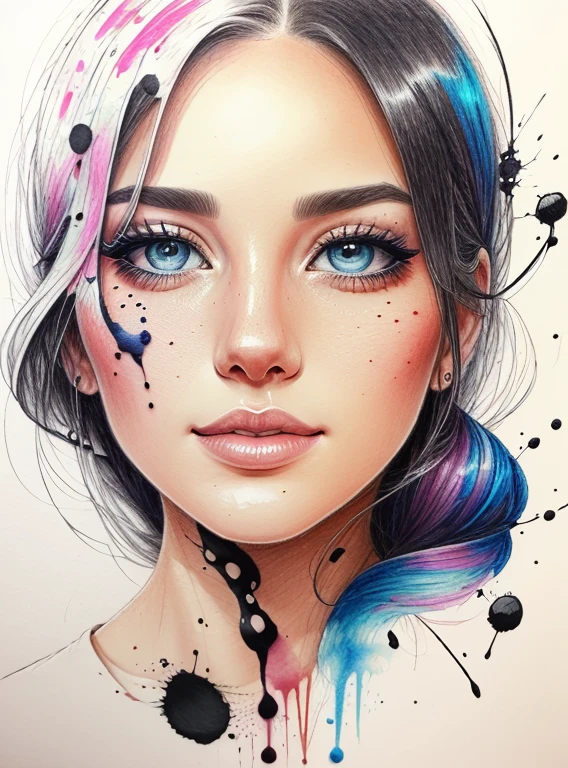 Color pencil drawing of a beautiful woman's face with ink splashed on it and drops of ink falling --air 4:5 --s 500