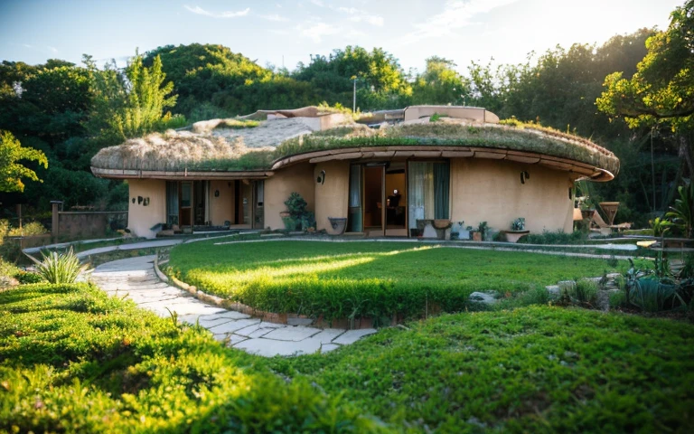 A photograph of a symmetrical contemporary organic house with (((one hyperbolic paraboloid green roof))) and (((biological pool))) and (((base wall rock foundation))) in a tropical backyard, high roof and long eaves, mustard yellow terracota plaster walls (((rustic clay stucco))), ((corner walls rounded)), ((rustic clay plaster)), (((terracotta walls with rounded corners, organic curves))), (((rustic earth plaster, mud))), (((hyperbolic-shaped green roof with wooden edge))), (((wooden roof structure, wooden rake, wooden fascia board))), eaves, ((roof with wooden structure)), In Bahia (((tropical garden))), ((natural houses, organic buildings, organic architecture)), ecovillage, sustainable architecture, bioconstruction architecture, solarpunk architecture, (((grass roof, green roof, green wave roof, rounded roof, vegetated roofs))), (((rock base foundation wall, foundation height 30cm, stone base wall 30cm high))), ((green architecture)), passive house, clear sky in the background, painful beauty, modern, imposing, green house, ((Bali hobbit Hadid Style)), super resolution, cinematic, color grading, editorial photography, photography, photo shoot, (((dramatic front eye top angle view))), O 50mm, depth of field, intricate details, natural colors, sharp focus, warm light, shutter speed 1/1000, F/22, White Balance, Ray Trace Reflections, Lumen Reflections, Screen Space Reflections, Diffraction Rating, Chromatic Aberration, GB Shift, Partial Lighting, Backlighting, Daylighting, Scan Lines, ambient occlusion, antialiasing, shaders, OpenGL-Shaders, GLSL-Shaders, Post-processing, post-production, shading, tone mapping, incredibly detailed and complex, hypermaximalist, elegant, hyperrealistic, super detailed, dynamic pose, Fujifilm XT