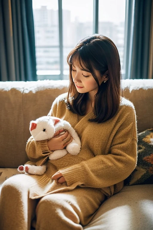 Please create an illustration。
A 28-year-old beautiful woman is relaxing on a sofa in the living room of a high-rise apartment wearing warm beige clothes.。Two-year-old Koikerhondier is nestled next to her.。It's snowing outside the window。