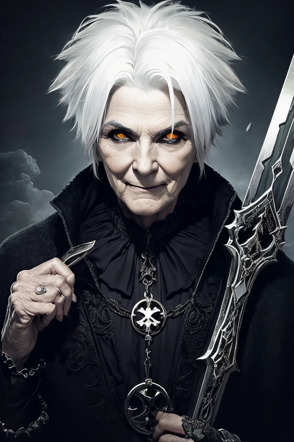 (papel de parede 8k extremamente detalhado), An average photo of a beautiful old woman with necromancer white hair, intrincado, alto detalhe, Dramatic